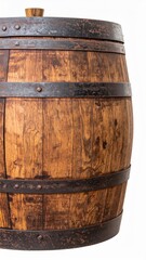 Obraz premium Aged Wooden Barrel with Metal Hoops on White Background a Classic Rustic Design