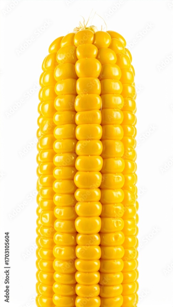 Poster close up golden corn on cob with yellow kernels isolated on a white background