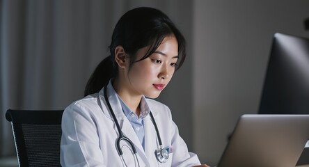A doctor working late at night on a laptop, healthcare professional using technology, serious expression