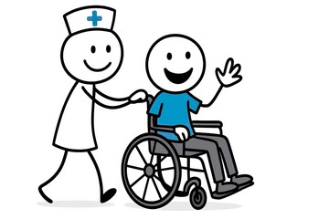 Cartoon nurse helping patient in wheelchair hospital care