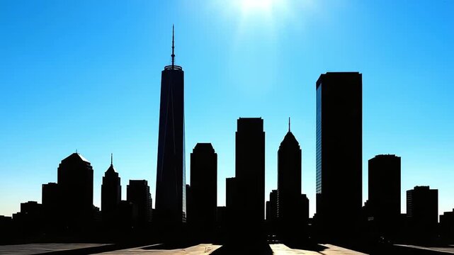Silhouette of a Modern City Skyline at Sunset with Tall Skyscrapers and Towering Buildings