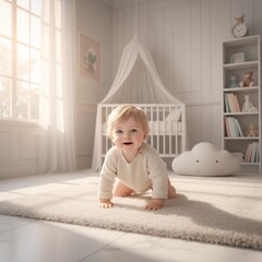 A happy baby crawling on a soft rug in a bright nursery, sunlight streaming through a window