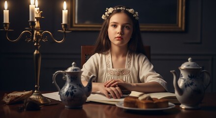 A young girl in period costume sits at a table with teacups, pastries and an open book, illuminated by candlelight.