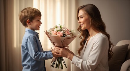 A young boy giving a bouquet of flowers to a woman, a heartwarming mothers day or family moment.