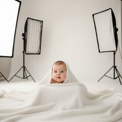 Adorable Baby Wrapped in Blanket, Studio Photography, Soft Lighting, Infant, Child, Newborn, White Background