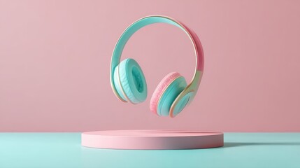 Headphones in pastel colors floating on platform, perfect for audio promotions, trendy concepts, and stylish visuals