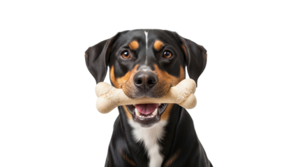 Happy dog holding bone in mouth isolated PNG with Transparent Background