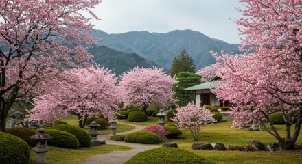 Serene Japanese Garden with Cherry Blossoms in Full Bloom