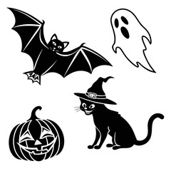 Collection of classic black and white halloween icons including a flying bat a grinning pumpkin a witch cat and a friendly ghost
