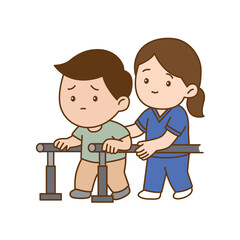 Physiotherapist train patient walking use bar, illustration cartoon on white background