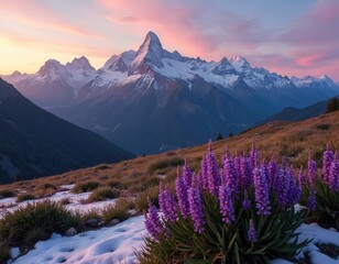 Majestic mountain range with snow-capped peaks at sunset. Purple wildflowers bloom in grassy meadow with patches of snow. Soft pink and purple clouds fill sky, creating serene and tranquil atmosphere.