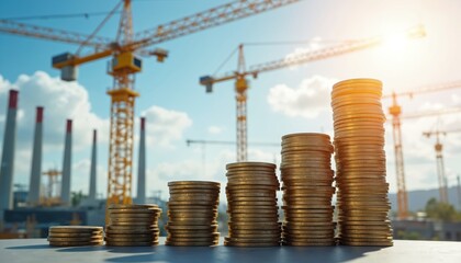 Stacks of gold coins ascend with construction cranes, industrial towers in background. Symbolic image represents rising costs in construction finance, investment, project budgets, economic growth,