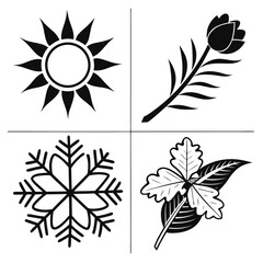Four seasons icons representing summer winter spring and autumn with stylized sun snowflake flower and leaves in black and white