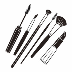 Collection of black silhouette makeup tools including mascara lipstick and various brushes arranged diagonally on a white background