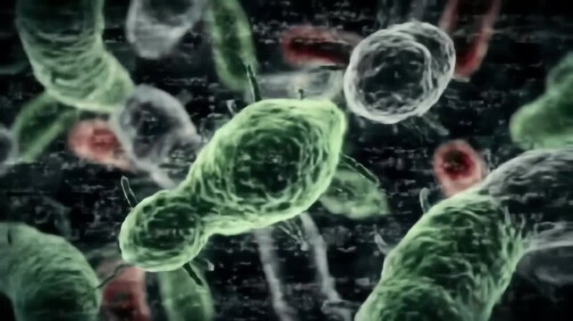 bacteria mutating under stress, glowing shapes altering their structure to resist antibiotic penetration, symbolizing the rise of superbugs