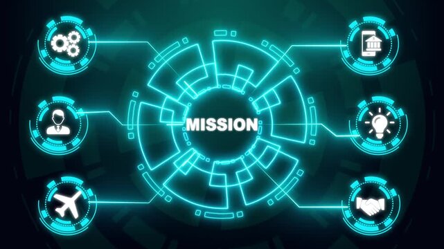 Neon mission concept with icons and circuit board design