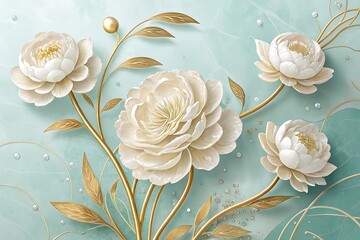 AI generated image of luminous ivory peonies with golden twisting stems on pale aquamarine textured background