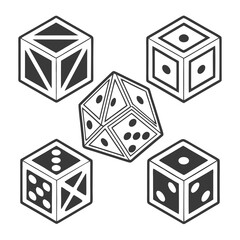 Collection of five isometric dice including a dodecahedron die and standard six sided dice with various pips displayed on a white background