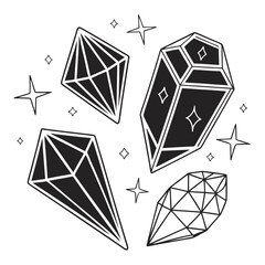 A whimsical collection of stylized black and white geometric crystals and sparkling stars scattered across a clean white background