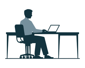 An illustration of a man in silhouette sitting at a desk and working on a laptop computer in an office environment