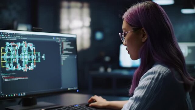Young woman working on computer, coding, programming, data analytics