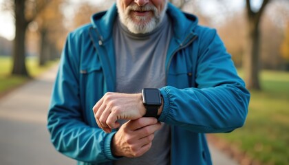 Elderly man checks his smartwatch during outdoor park run. Senior athlete wears blue jacket, grey shirt, focusing on fitness goals, tracking progress. He monitors his cardio, endurance, pace.