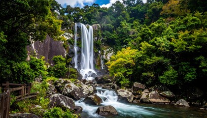 Fototapeta premium Lush waterfall cascading down rocky terrain, surrounded by vibrant greenery