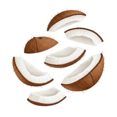 Several coconut halves and pieces are floating in the air Isolated on a Transparent Background, PNG, Cutout