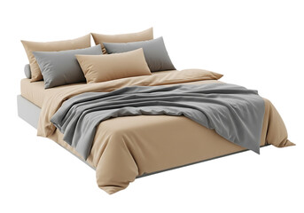 Luxurious modern bed with beige and grey bedding Isolated on transparent background