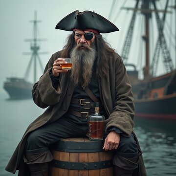 Seasoned pirate captain sits on barrel at harbor with glass of rum and bottle. Long beard, eye patch, weathered coat. Galleon ship behind. Nautical theme, historical adventure.