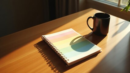 Morning sunlight casting warm glow on notebook and coffee