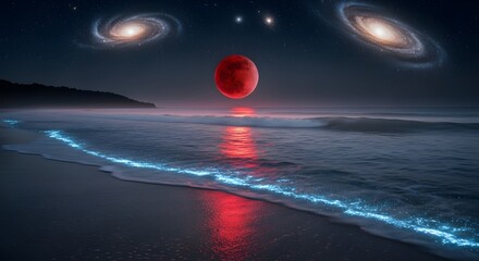 The blood moon on the beach scenery