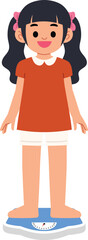 Happy Girl Step on Weight Scale for Checking Her Weight, Smile Kid Measuring Weight for Health Checking illustration
