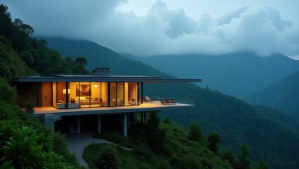 Naklejka premium Modern glass house perched on a steep mountain cliff at dusk