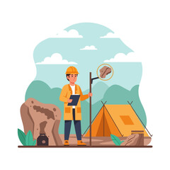 A geologist examines a rock sample near a campsite in a scenic outdoor setting.