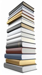 Tall Stack of Various Colors Books Leaning on White Background Representing Learning
