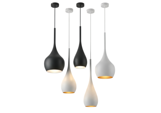Modern droplet pendant lights with black and white finishes displayed Isolated on transparent background