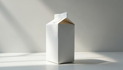 Clean white carton for milk or beverage packaging. Blank cardboard container on simple background, ready for branding and design mockups. Minimalist dairy product packaging.