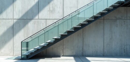 Modern concrete wall features minimalist metal staircase with clear glass railings. Sunlight creates geometric shadows on textured wall, emphasizing industrial architectural design, urban aesthetic.