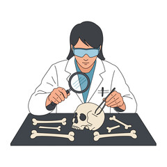 Scientist meticulously examines a skull and bones with a magnifying glass and tweezers.