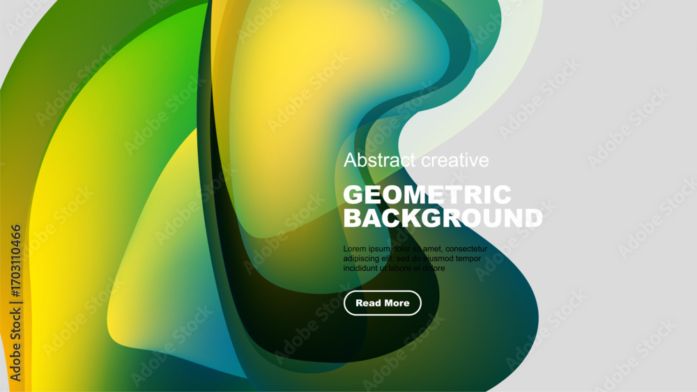 Poster fluid shapes overlap, creating vibrant gradients. text promotes abstract geometric background design