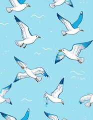 Fototapeta premium Seagulls in flight, light blue background