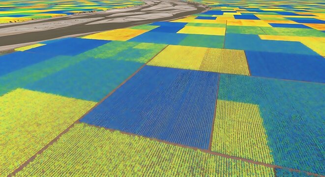 Colorful aerial view of patterned farmlands alongside a winding river, illustrating advanced agricultural analytics and ecological insights for sustainable resource management - Powered by Adobe