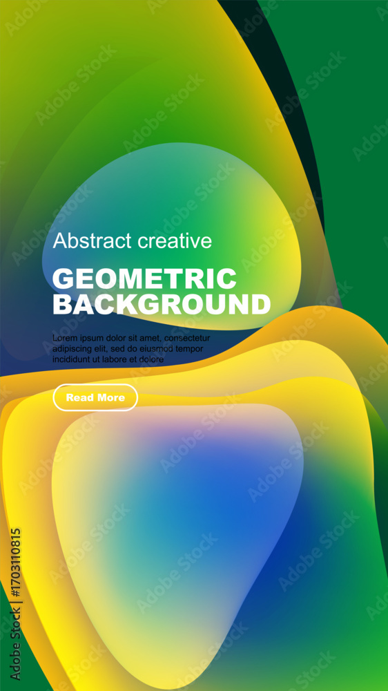 Poster vibrant abstract design features overlapping colorful shapes. text block present with read more butt
