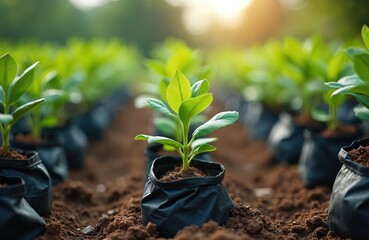 Rows of young saplings in black grow bags planted in fertile soil, representing reforestation, ecological conservation. Vibrant green leaves unfurl towards gentle sunlight, new life, sustainable