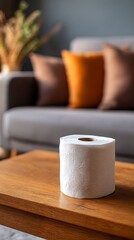 Awesome photo of roll of white toilet paper on the wooden table in the living room.