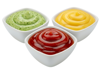 Three sauces: ketchup, mayonnaise, and green sauce in a bowl, Isolated on transparent background


