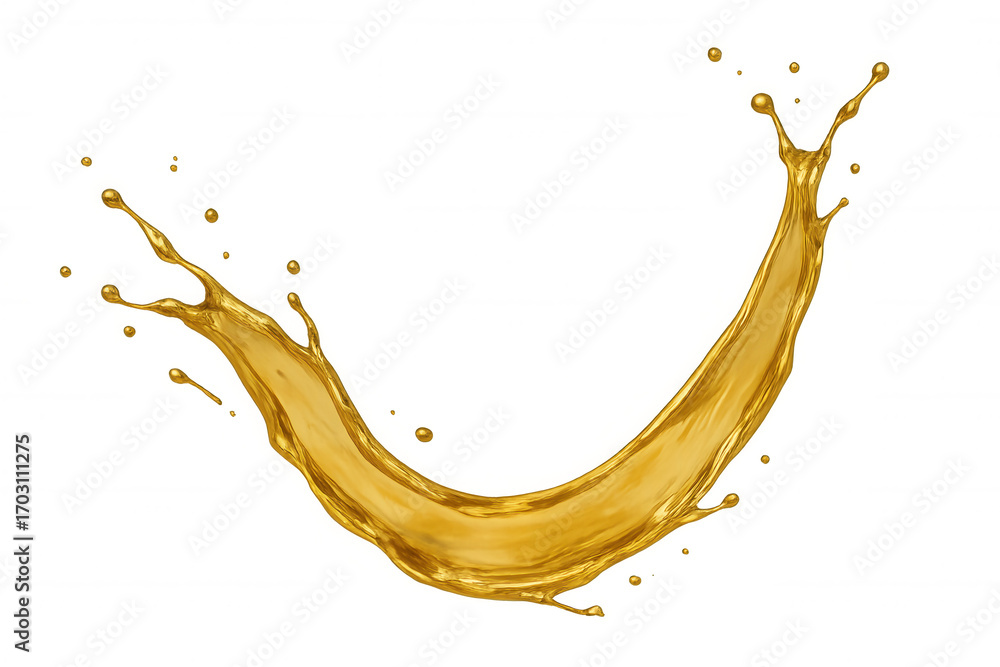 Poster golden liquid splashing and forming an elegant curve against a transparent background, creating a dy