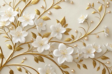 AI generated image of radiant jasmine blossoms with metallic golden branches on pearl cream background