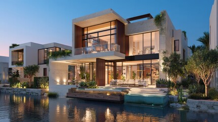 Obraz premium 3d rendering of modern house by the river house, luxury, villa, modern, architecture, building, exterior, residential, property, designer